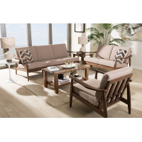 Baxton Studio Venza-Brown/Walnut Brown-3PC-Set Venza Mid-Century Modern Walnut Wood Light Brown Fabric Upholstered 3-Piece Livingroom Set